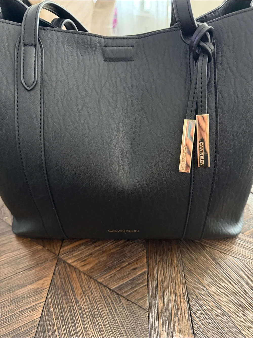 Calvin Klein Large Black Leather Shopper Tote Gold Hardware Bag Charm 3 Compartm